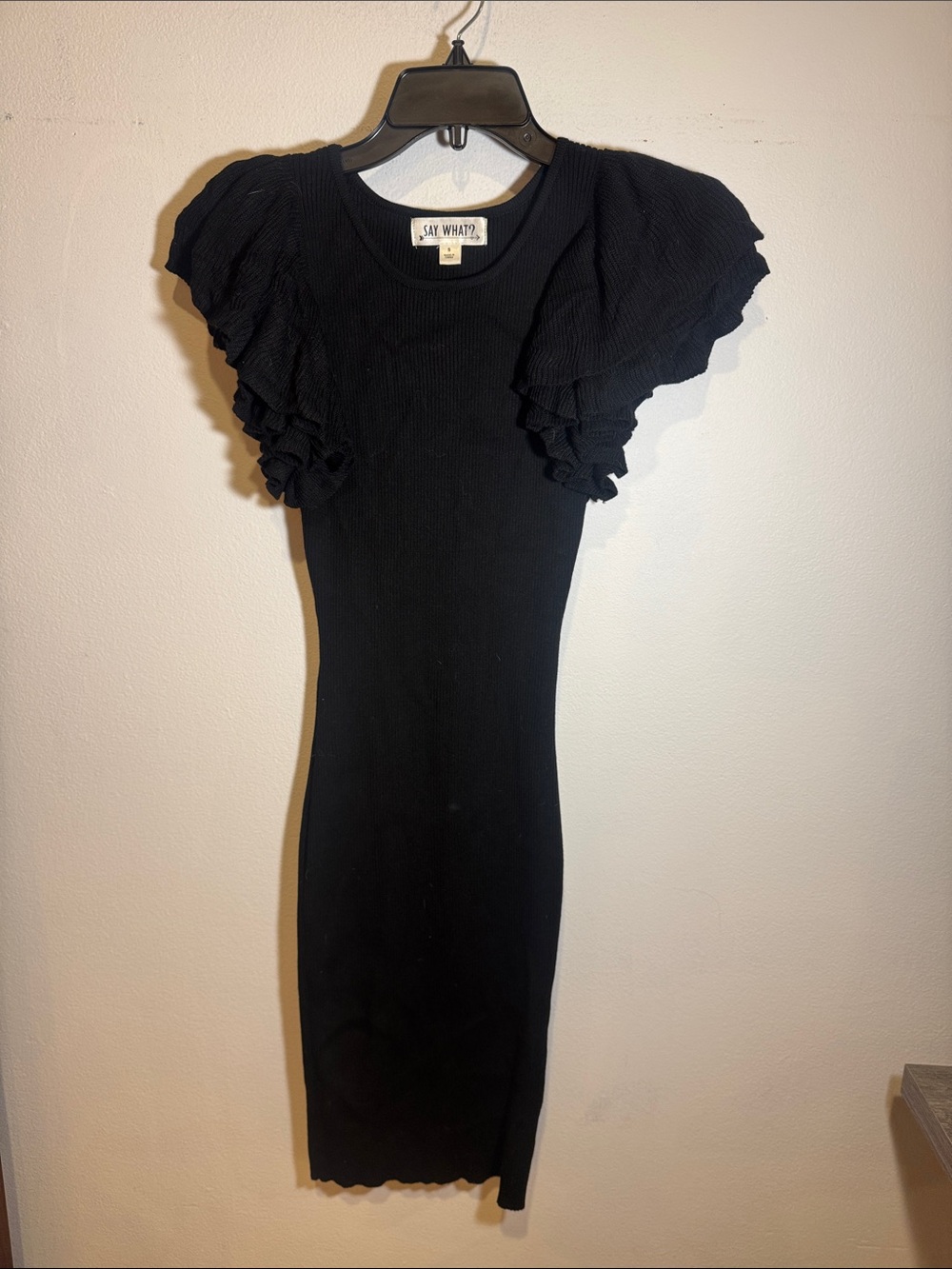 Say What? Black Ruffle-Sleeve Midi Bodycon Dress